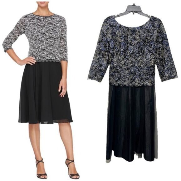 ALEX EVENINGS Faux Two-Piece Cocktel Midi Dress in Black Blue Size 8 - Picture 1 of 11